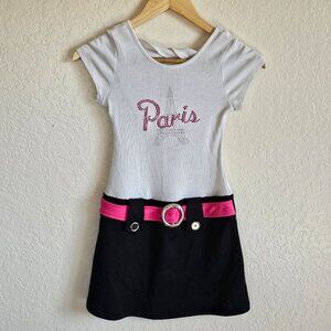 Paris Graphic Girls Dress W/ Rhinestones & Pink Belt  Size 8  Pinky  Polyester/C